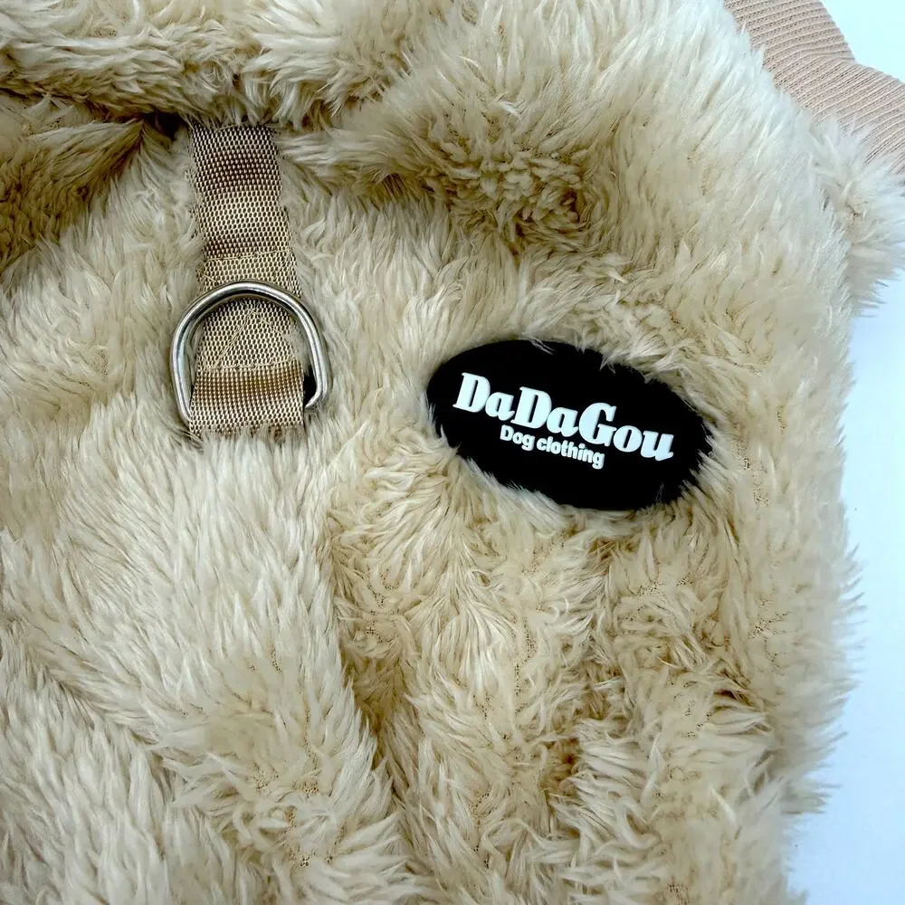 NEW DaDaGou Plush Dog Jumpsuit Beige Teddy Fleece Pet Pajamas Harness Medium